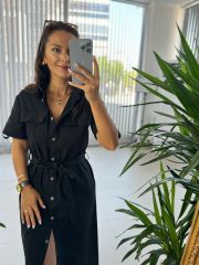 Ms Siyah Cep Kuşaklı Pamuk Keten Elbise