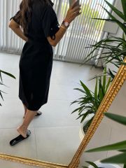 Ms Siyah Cep Kuşaklı Pamuk Keten Elbise