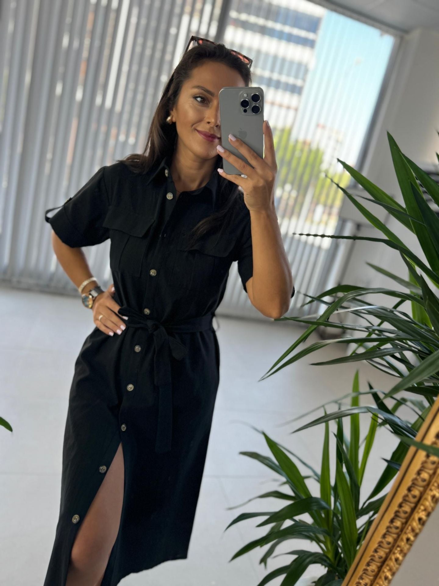 Ms Siyah Cep Kuşaklı Pamuk Keten Elbise