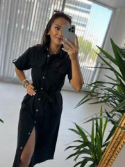 Ms Siyah Cep Kuşaklı Pamuk Keten Elbise