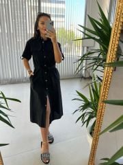 Ms Siyah Cep Kuşaklı Pamuk Keten Elbise