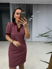 Sg Jakarlı Polo Yaka Kırmızı Kalem Elbise