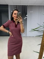 Sg Jakarlı Polo Yaka Kırmızı Kalem Elbise