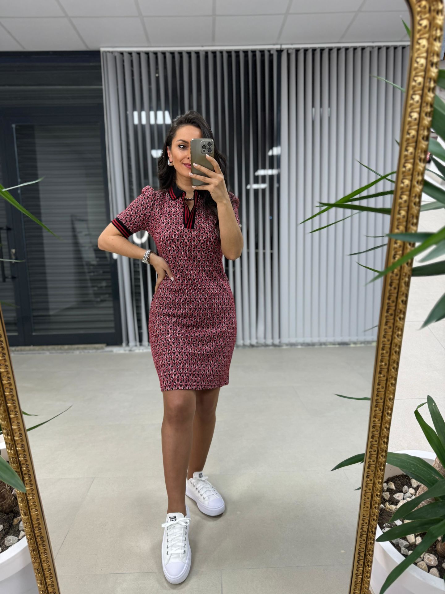 Sg Jakarlı Polo Yaka Kırmızı Kalem Elbise