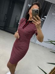 Sg Jakarlı Polo Yaka Kırmızı Kalem Elbise