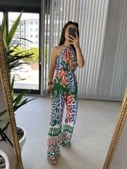 My 3229 Halter yaka yeşil mavi geçişli tulum