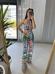 My 3229 Halter yaka yeşil mavi geçişli tulum