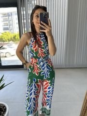 My 3229 Halter yaka yeşil mavi geçişli tulum