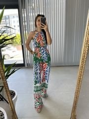 My 3229 Halter yaka yeşil mavi geçişli tulum