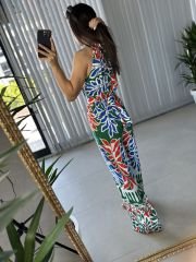 My 3229 Halter yaka yeşil mavi geçişli tulum