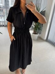 Bb 30050 Siyah Bel Gipe Detaylı Fermuarlı Elbise