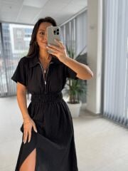 Bb 30050 Siyah Bel Gipe Detaylı Fermuarlı Elbise