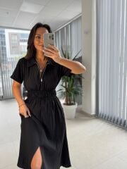 Bb 30050 Siyah Bel Gipe Detaylı Fermuarlı Elbise