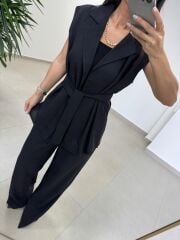 Art 4016 Keten Kuşak Detaylı Siyah Yelekli Takım