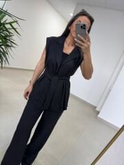 Art 4016 Keten Kuşak Detaylı Siyah Yelekli Takım