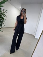 Art 4016 Keten Kuşak Detaylı Siyah Yelekli Takım