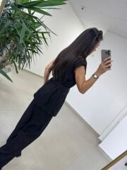 Art 4016 Keten Kuşak Detaylı Siyah Yelekli Takım