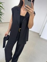 Art 4016 Keten Kuşak Detaylı Siyah Yelekli Takım