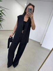 Art 4016 Keten Kuşak Detaylı Siyah Yelekli Takım