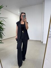 Art 4016 Keten Kuşak Detaylı Siyah Yelekli Takım