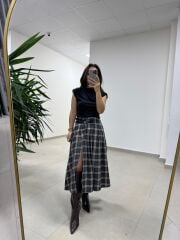 Ry 4228 Çift Kemer Detaylı Ekoseli Antrasit Tasarım Etek