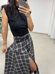 Ry 4228 Çift Kemer Detaylı Ekoseli Antrasit Tasarım Etek