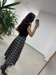 Ry 4228 Çift Kemer Detaylı Ekoseli Antrasit Tasarım Etek