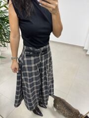 Ry 4228 Çift Kemer Detaylı Ekoseli Antrasit Tasarım Etek