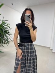 Ry 4228 Çift Kemer Detaylı Ekoseli Antrasit Tasarım Etek