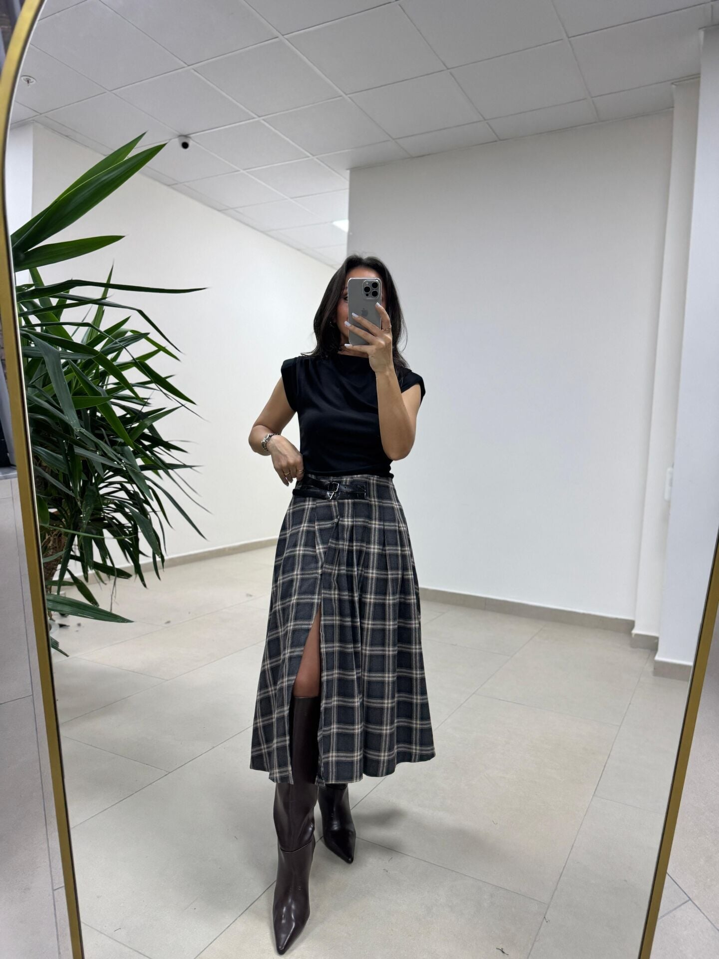 Ry 4228 Çift Kemer Detaylı Ekoseli Antrasit Tasarım Etek