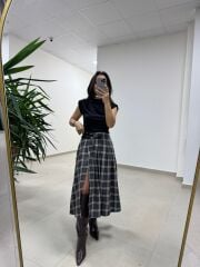 Ry 4228 Çift Kemer Detaylı Ekoseli Antrasit Tasarım Etek