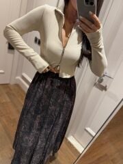 Mz 22159 Krem Fermuarlı Fitilli Bluz