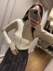 Mz 22159 Krem Fermuarlı Fitilli Bluz