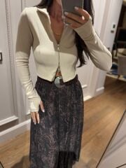 Mz 22159 Krem Fermuarlı Fitilli Bluz