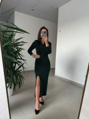 My 3837 Önden Drapeli Omuz Vatkalı Zümrüt Elbise