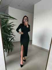 My 3837 Önden Drapeli Omuz Vatkalı Zümrüt Elbise