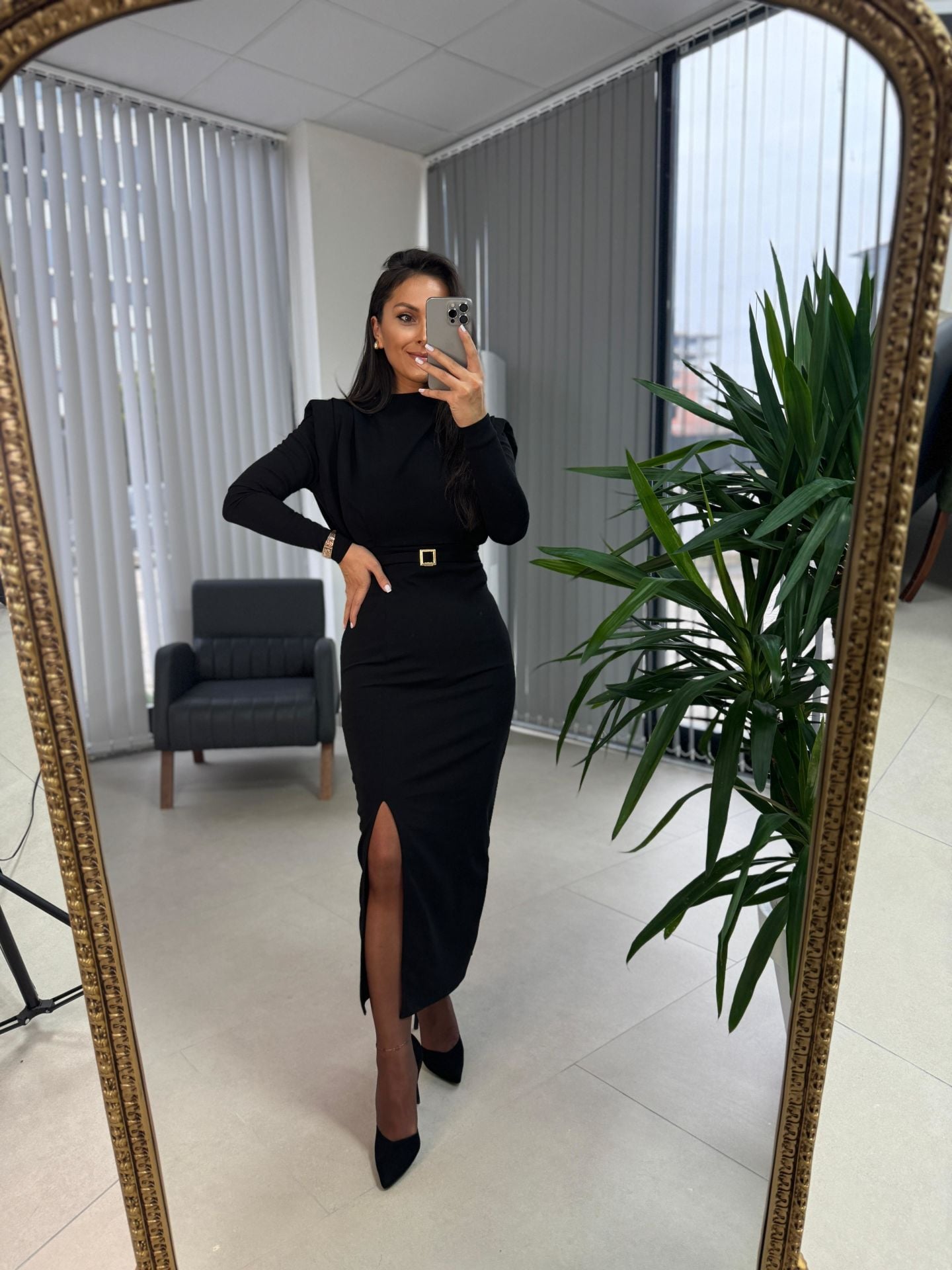 My 3587 Gold Kare Tokalı Siyah Kalem Elbise