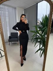 My 3587 Gold Kare Tokalı Siyah Kalem Elbise