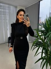 My 3587 Gold Kare Tokalı Siyah Kalem Elbise