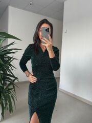 My 3837 Önden Drapeli Omuz Vatkalı Zümrüt Elbise