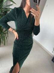 My 3837 Önden Drapeli Omuz Vatkalı Zümrüt Elbise