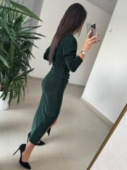 My 3837 Önden Drapeli Omuz Vatkalı Zümrüt Elbise