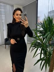 My 3587 Gold Kare Tokalı Siyah Kalem Elbise