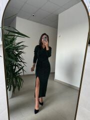 My 3837 Önden Drapeli Omuz Vatkalı Zümrüt Elbise