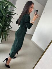 My 3837 Önden Drapeli Omuz Vatkalı Zümrüt Elbise