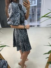 My 3393 Gri Leopar Kemerli Elbise