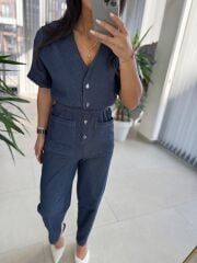 Bb 29912 Denim V Yaka Düğmeli Tulum