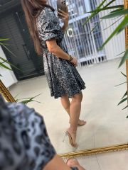 My 3393 Gri Leopar Kemerli Elbise