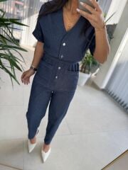 Bb 29912 Denim V Yaka Düğmeli Tulum