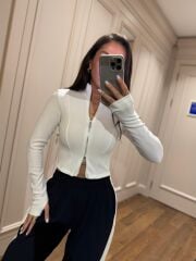 Mz 22159 Beyaz Fermuarlı Fitilli Bluz